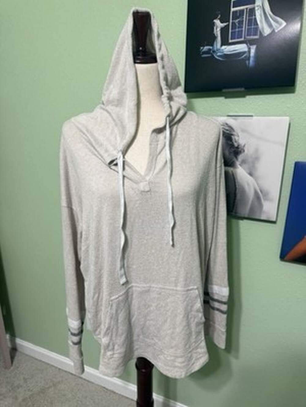 Market & Spruce Hoodie Sweatshirt Womens XL Beige Striped Sleeve V-Neck Pullover
